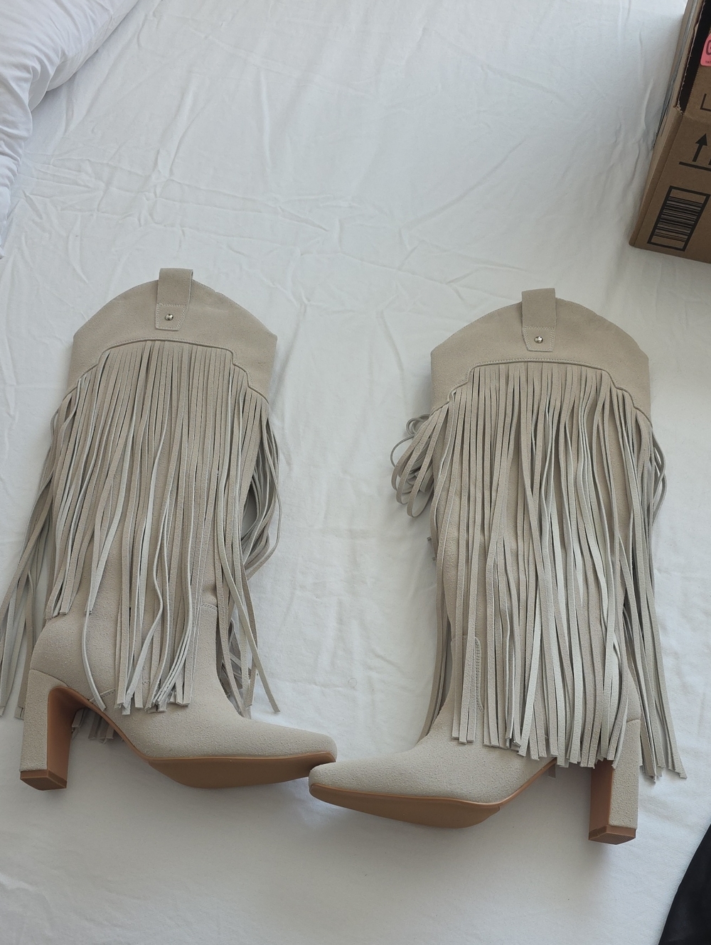 Knee-High Fringe Heeled Boots in Light Beige